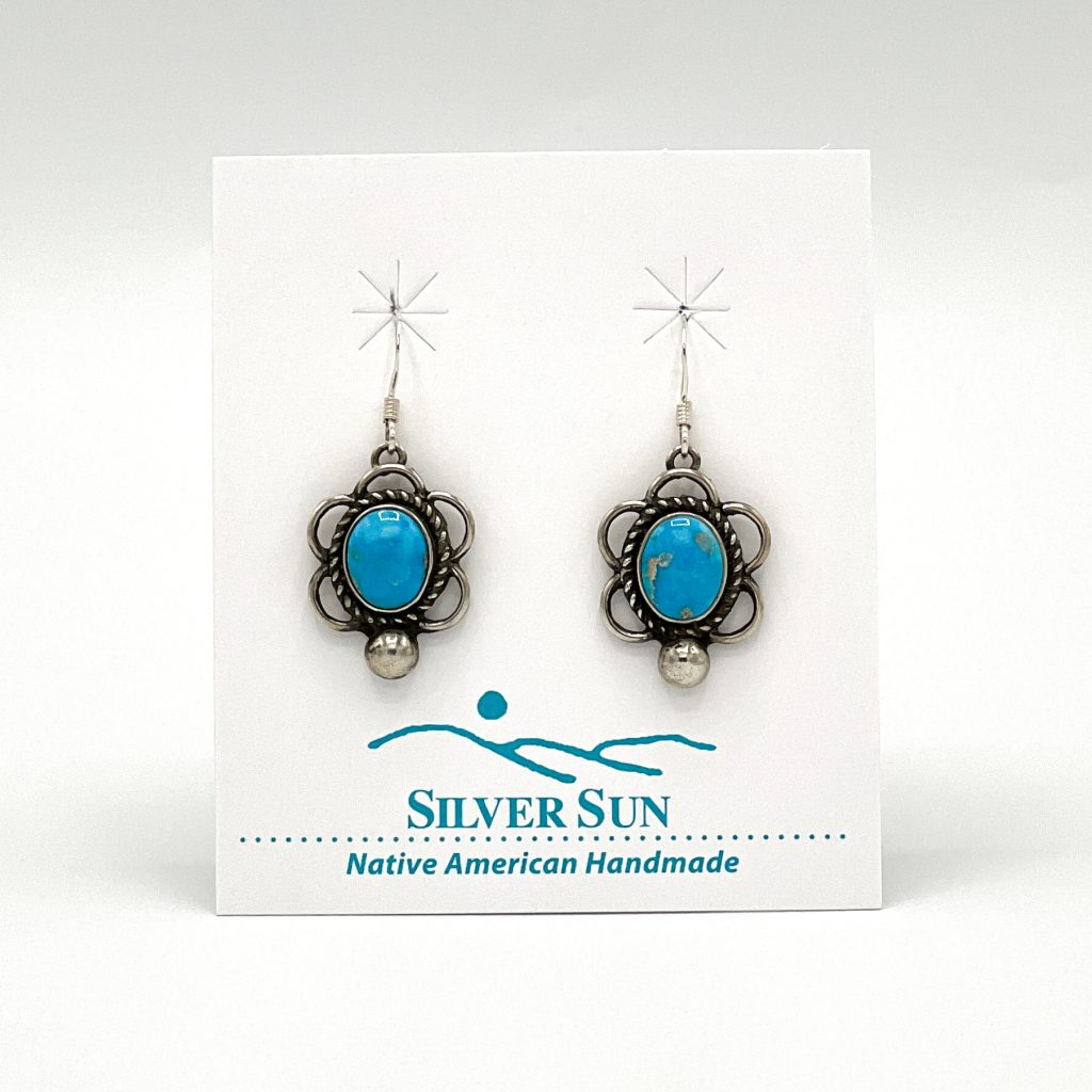 Natural Persian Turquoise Dangle Earrings Silver Sun