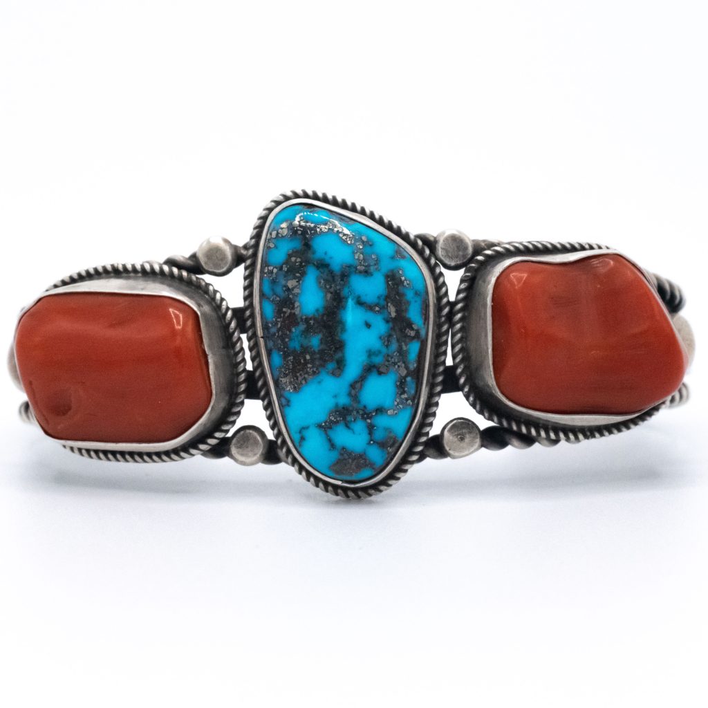 Red Coral & Natural Morenci Turquoise Bracelet Silver Sun